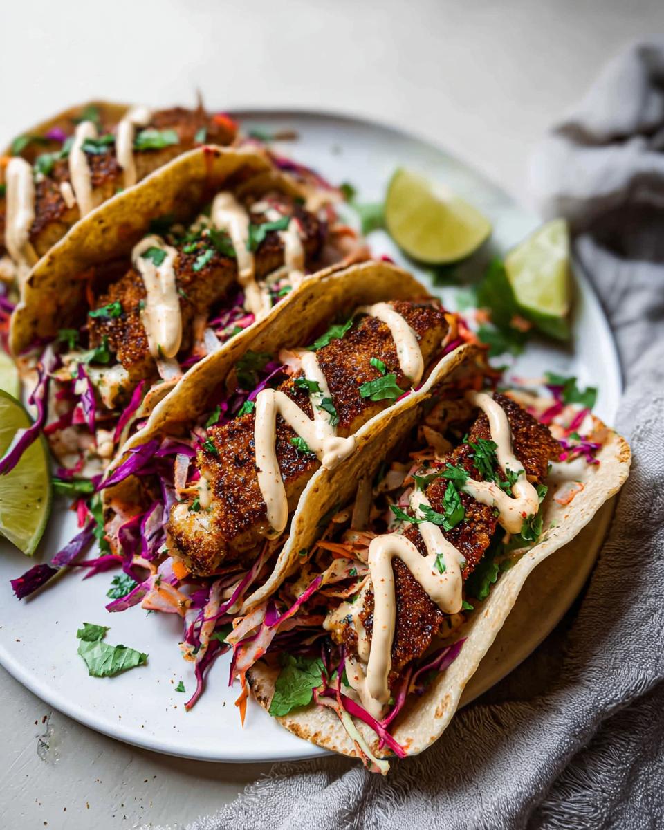 Three delicious Blackened Salmon Tacos filled with red cabbage slaw and drizzled with a creamy sauce, served with lime wedges.