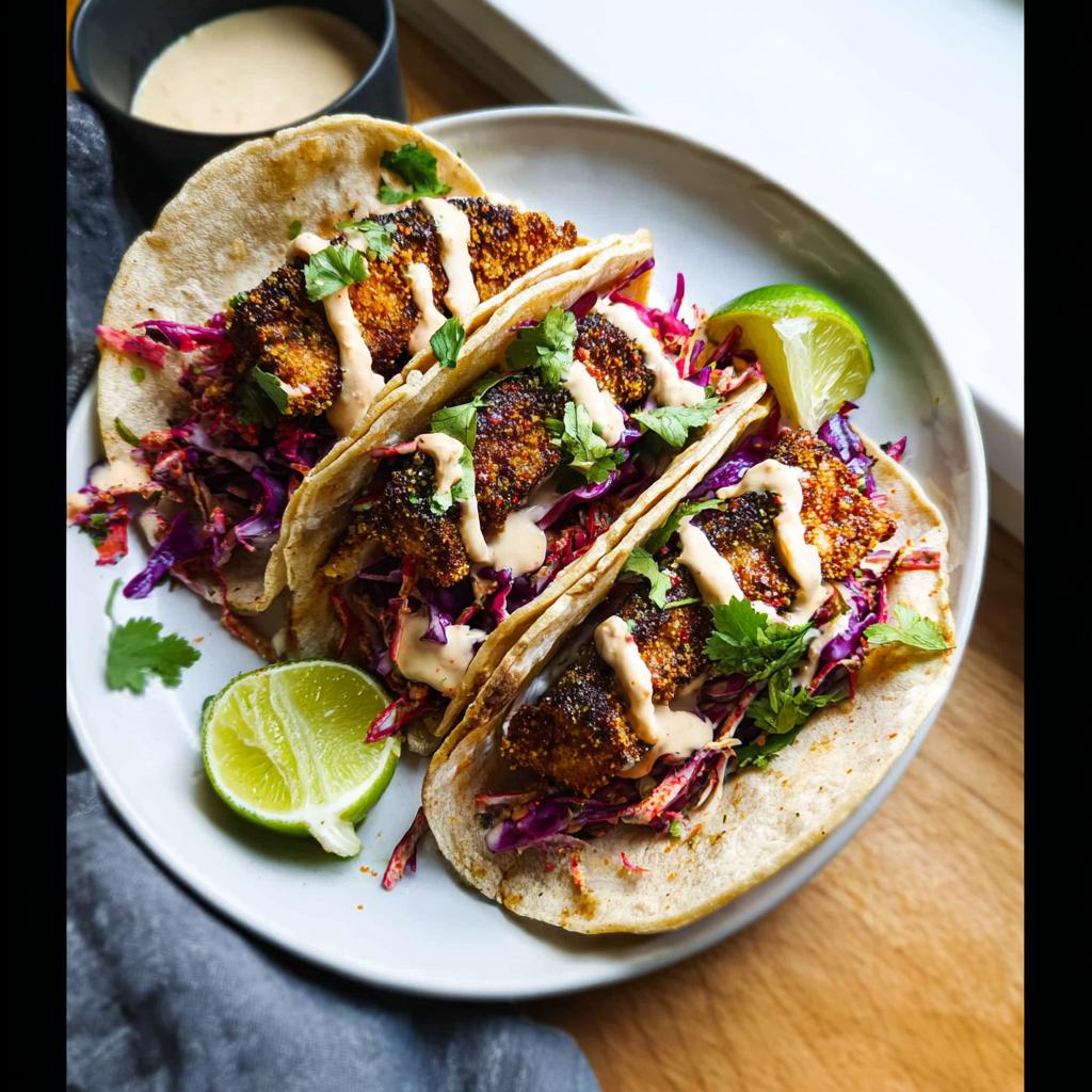 Close-up of three soft tortilla Blackened Salmon Tacos filled with red cabbage slaw, topped with creamy sauce and cilantro.