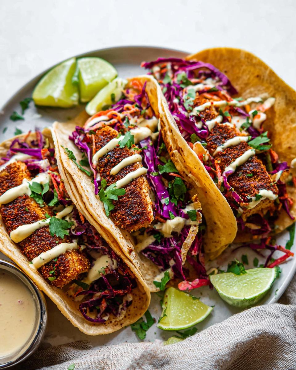 Close-up of three delicious Blackened Salmon Tacos filled with red cabbage slaw and drizzled with a creamy sauce.