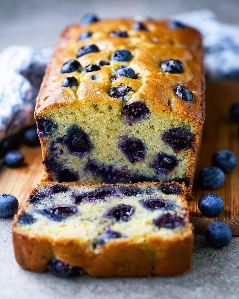 A close-up of a freshly baked Blueberry Banana Bread loaf, with one slice cut to show the moist interior packed with blueberries.