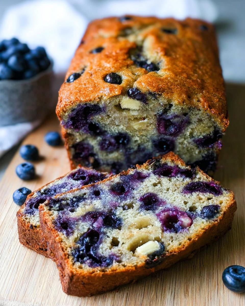 Close-up of sliced Blueberry Banana Bread showing moist interior packed with blueberries and banana chunks.