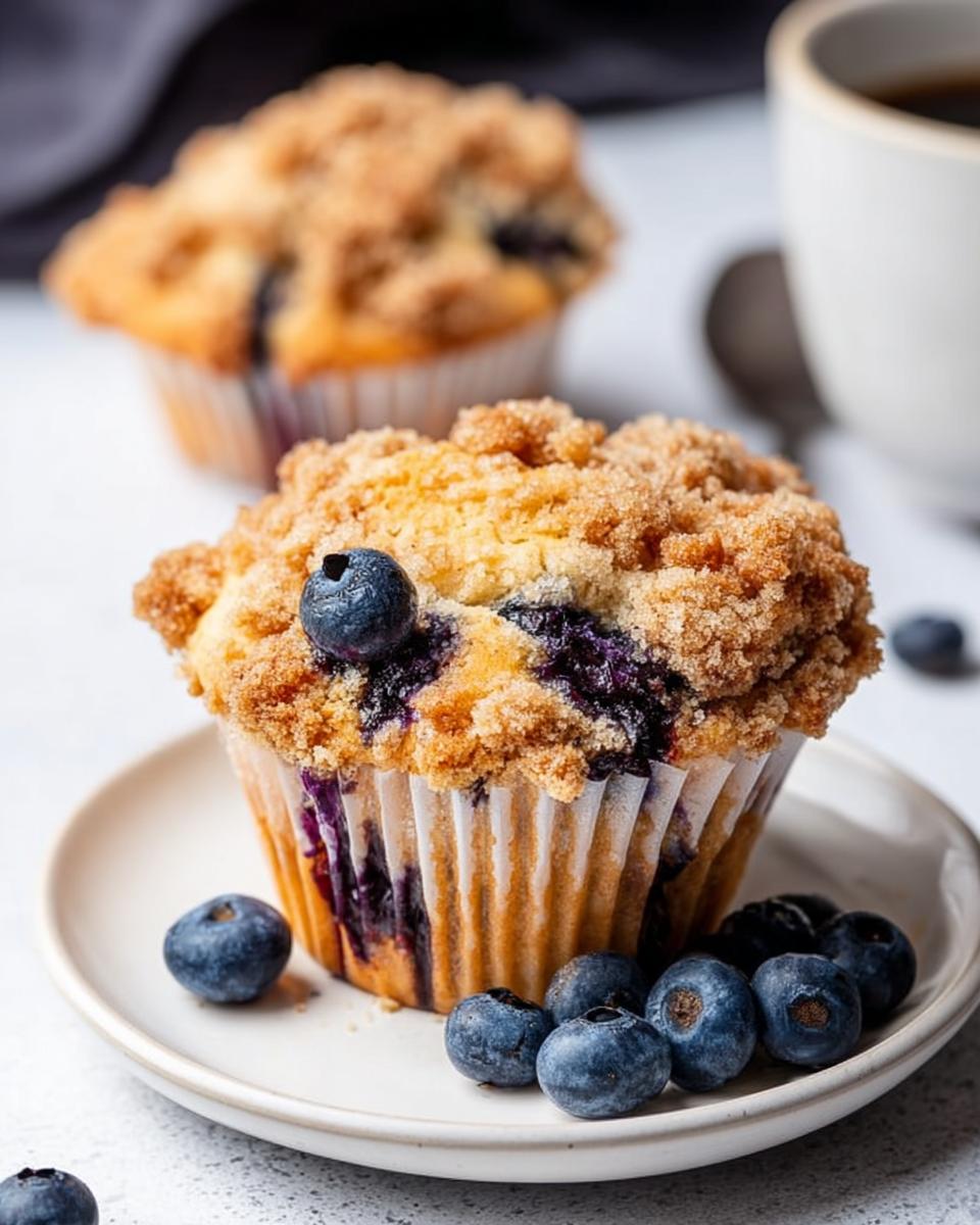 A close-up of a delicious Blueberry Muffin Like a Bakery with a golden crumb topping, served on a small plate with fresh blueberries.