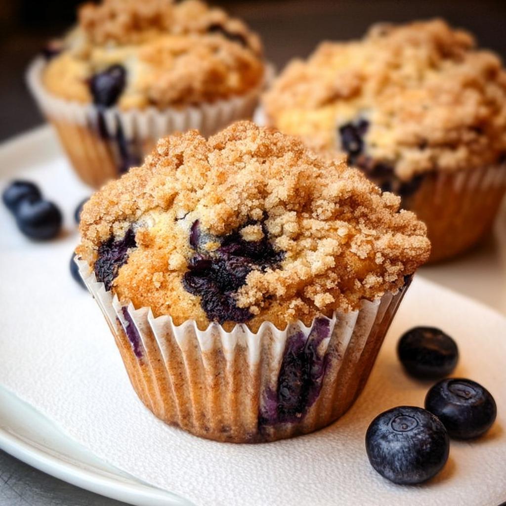 Close-up of a delicious Blueberry Muffin Like a Bakery with a thick, golden streusel topping.
