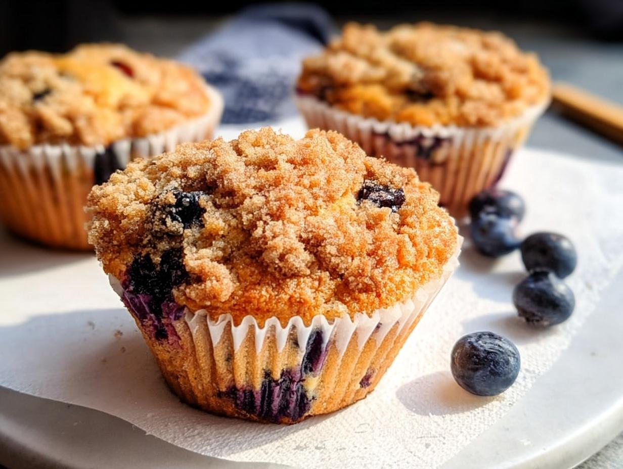 Close-up of a delicious Blueberry Muffin Like a Bakery, featuring a generous streusel topping and fresh blueberries.
