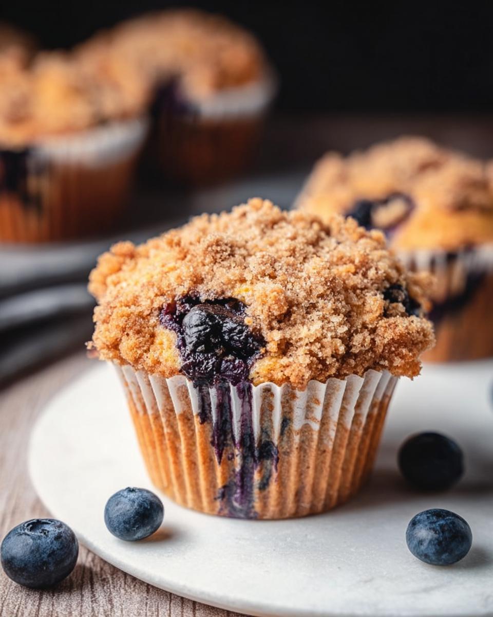A close-up of a delicious Blueberry Muffin Like a Bakery (Comfort) topped with brown sugar streusel, sitting on a white plate with fresh blueberries.