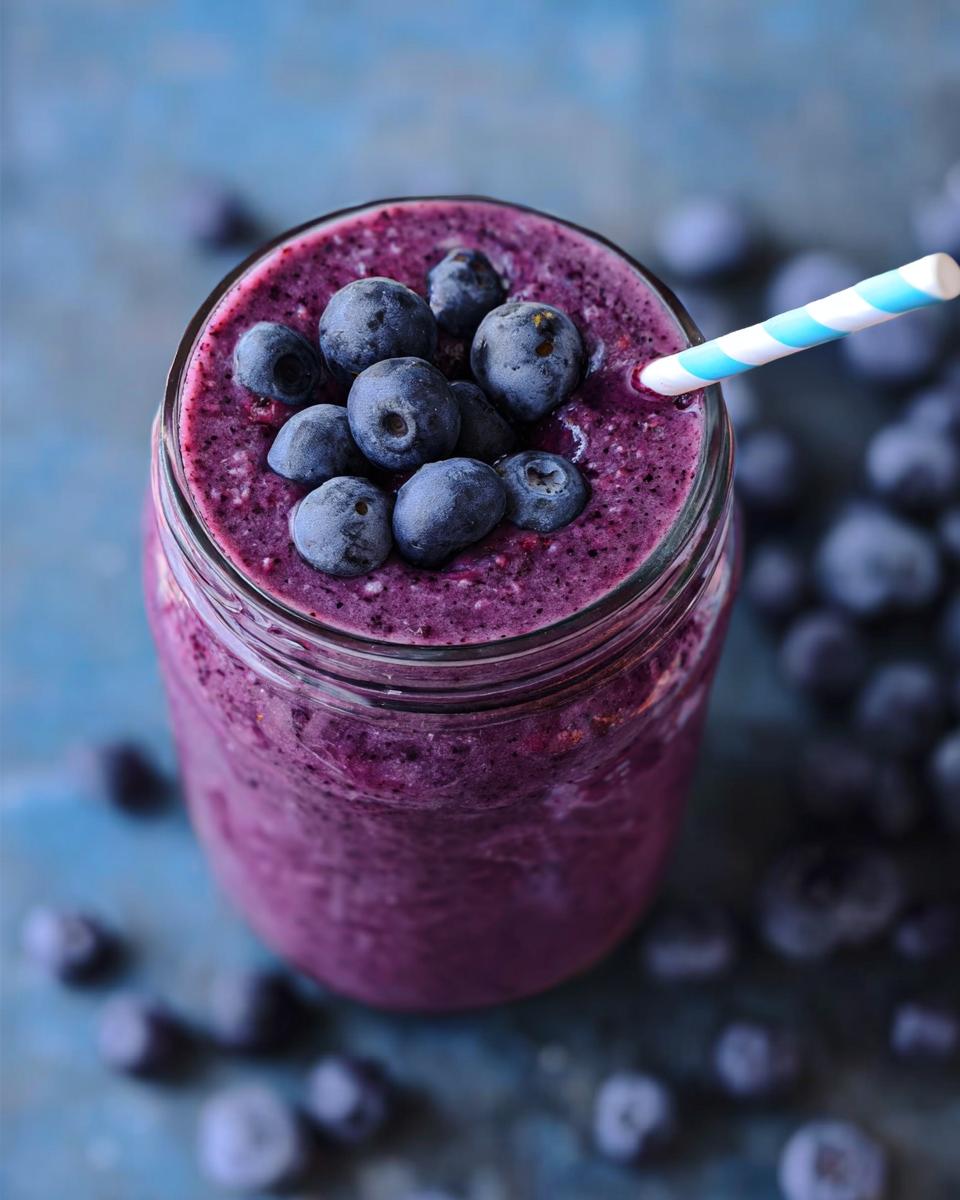 Overhead view of a thick Blueberry Oat Breakfast Smoothie topped with fresh blueberries and a striped straw.