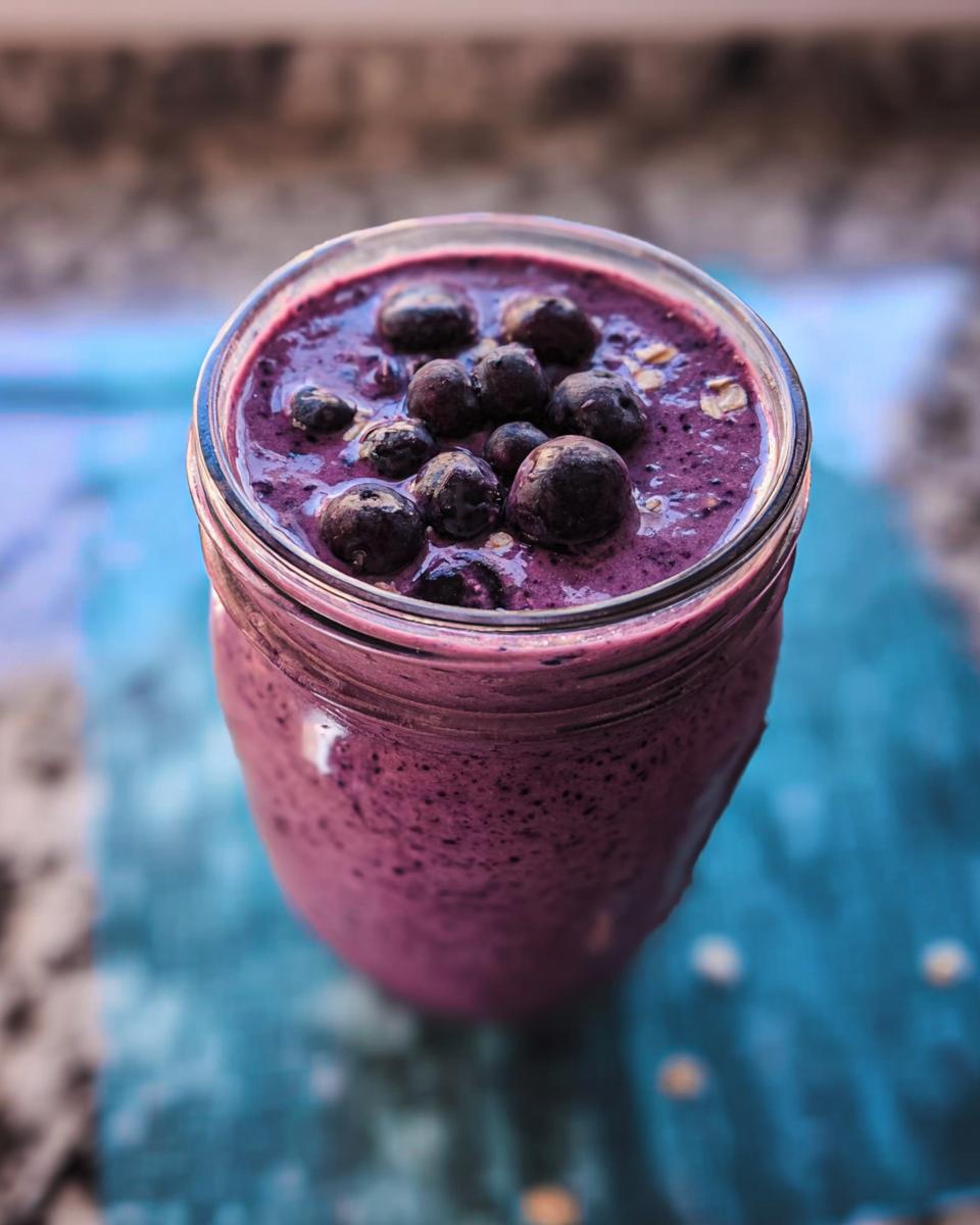 A vibrant, thick Blueberry Oat Breakfast Smoothie topped with fresh blueberries in a glass jar.