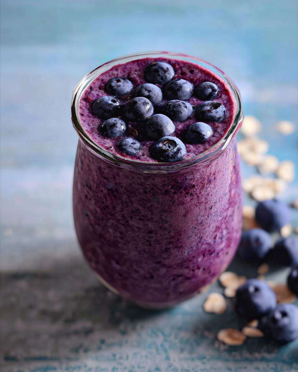 A vibrant, thick Blueberry Oat Breakfast Smoothie topped with fresh blueberries in a clear glass.
