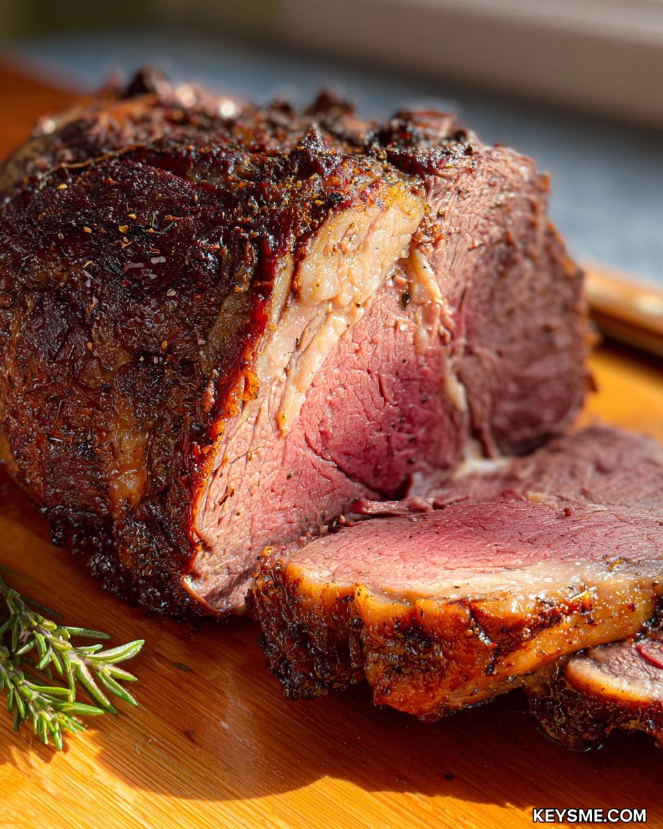 A close-up of a perfectly cooked Boneless Prime Rib, showing a dark, seasoned crust and a medium-rare pink interior, resting on a wooden board.