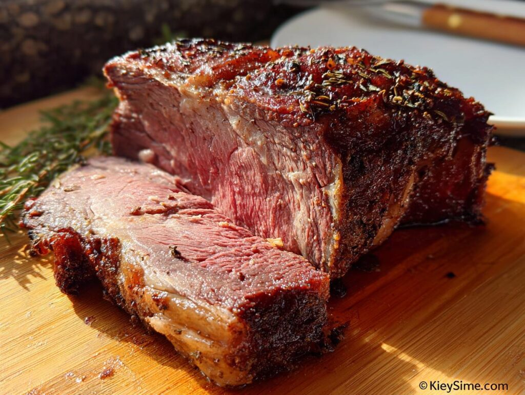 Close-up of a juicy, medium-rare Boneless Prime Rib roast, sliced on a wooden board with rosemary garnish.