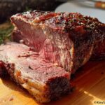 Close-up of a juicy, medium-rare Boneless Prime Rib roast, sliced on a wooden board with rosemary garnish.