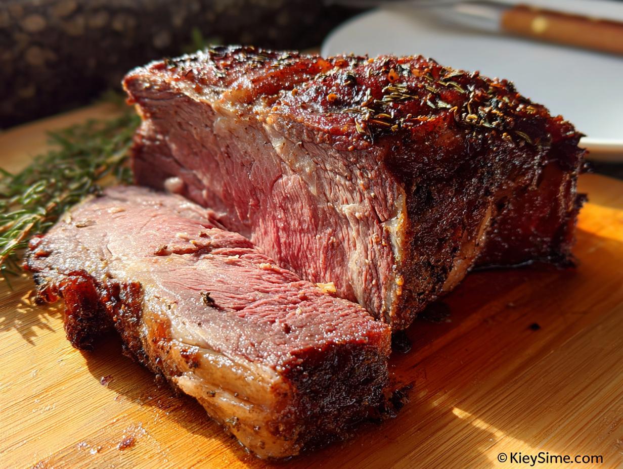 Close-up of a juicy, medium-rare Boneless Prime Rib roast, sliced on a wooden board with rosemary garnish.