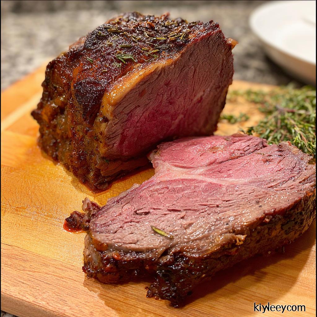 A juicy, medium-rare Boneless Prime Rib, sliced open on a wooden board with herbs.