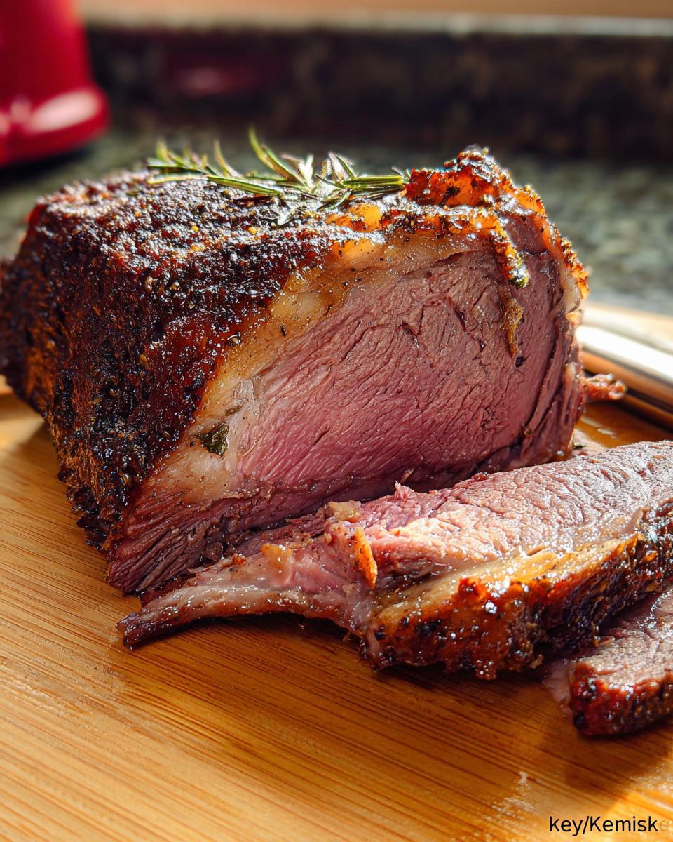 Close-up of a perfectly cooked Boneless Prime Rib, sliced to show medium-rare interior and herb crust.