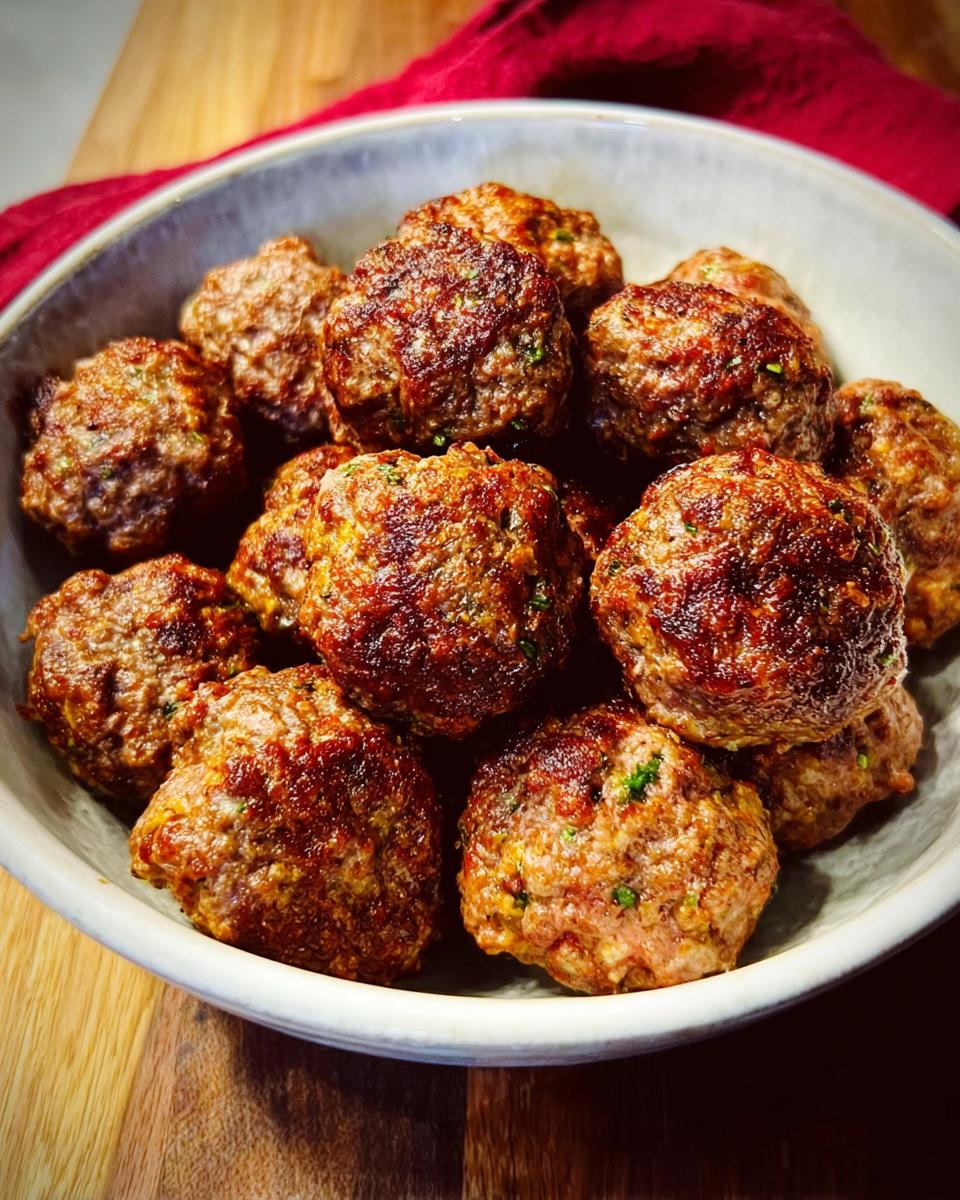A close-up of a bowl filled with golden-brown, oven-baked Homemade Meatballs garnished with herbs.