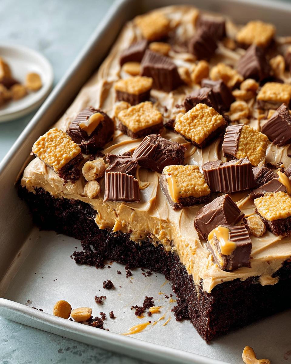 A rich chocolate brownie base topped with peanut butter frosting and chopped peanut butter cups, showing a 'Box Mix Glow-Up'.