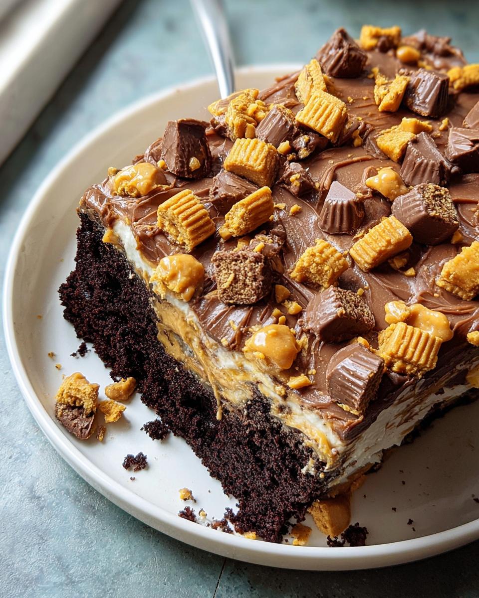 Slice of rich chocolate cake with layers of cream, peanut butter filling, and topped with chocolate frosting and peanut butter cups for a Box Mix Glow-Up.