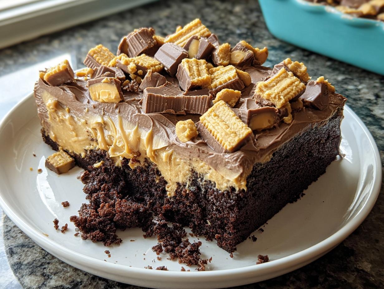 A rich slice of chocolate cake topped with peanut butter frosting and chopped peanut butter cups, showing the result of a Box Mix Glow-Up.