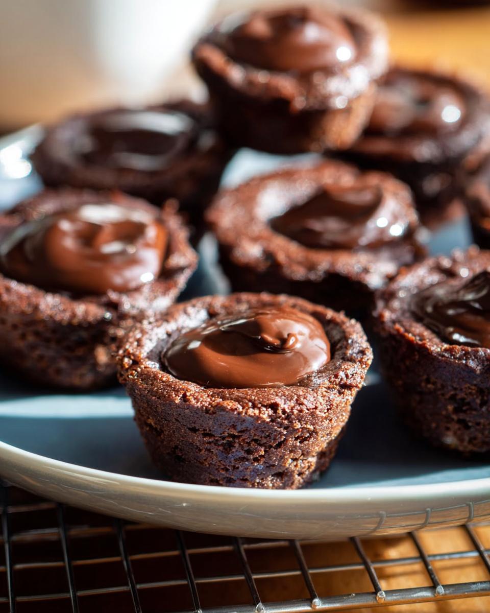 Close-up of decadent brownie bites topped with glossy chocolate ganache, arranged on a plate.