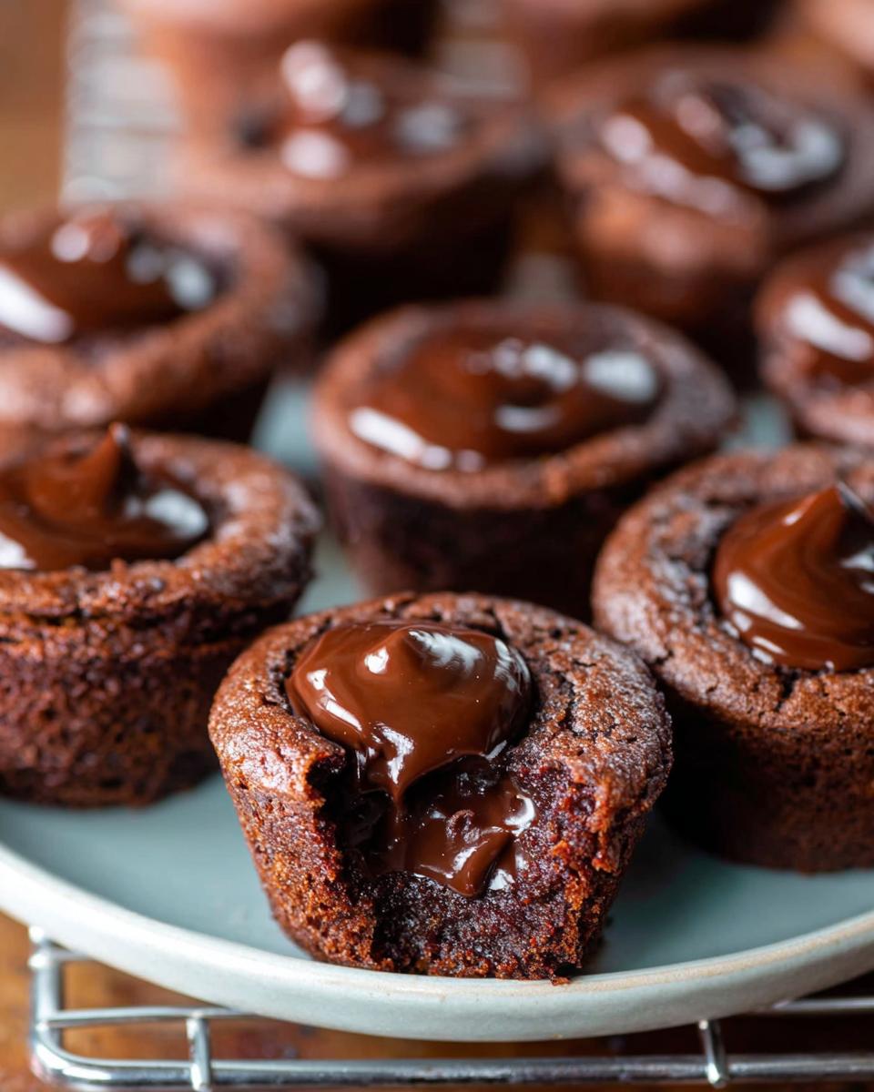 Close-up of a brownie bite with ganache, showing a gooey chocolate center and a bite taken out.