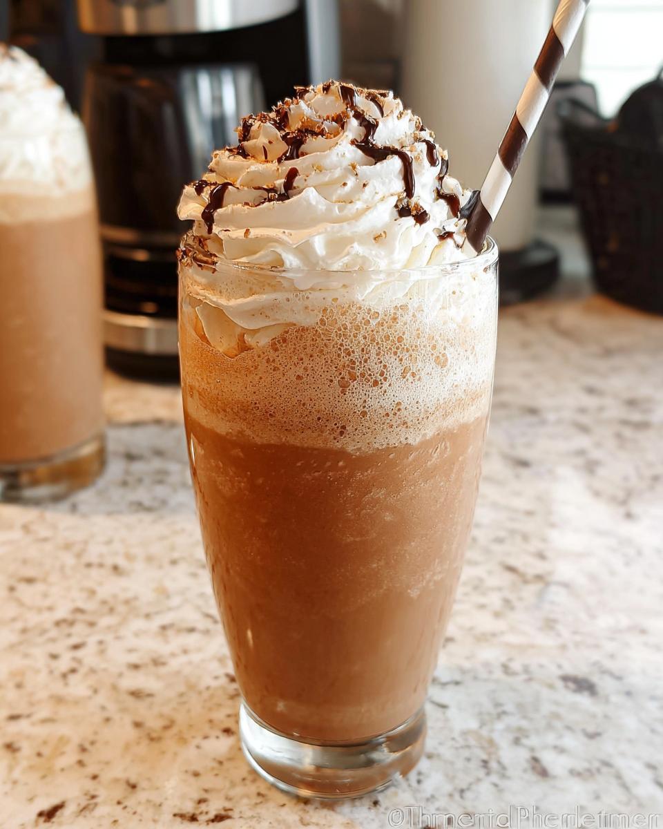 Close-up of a homemade Mocha Frappuccino topped with whipped cream, chocolate drizzle, and sprinkles, served with a striped straw.