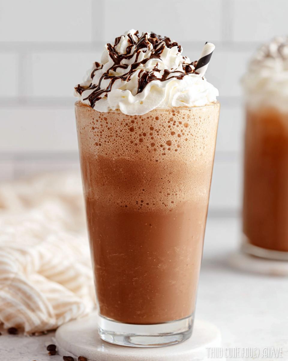 A tall glass of blended Mocha Frappuccino topped with whipped cream and chocolate drizzle.