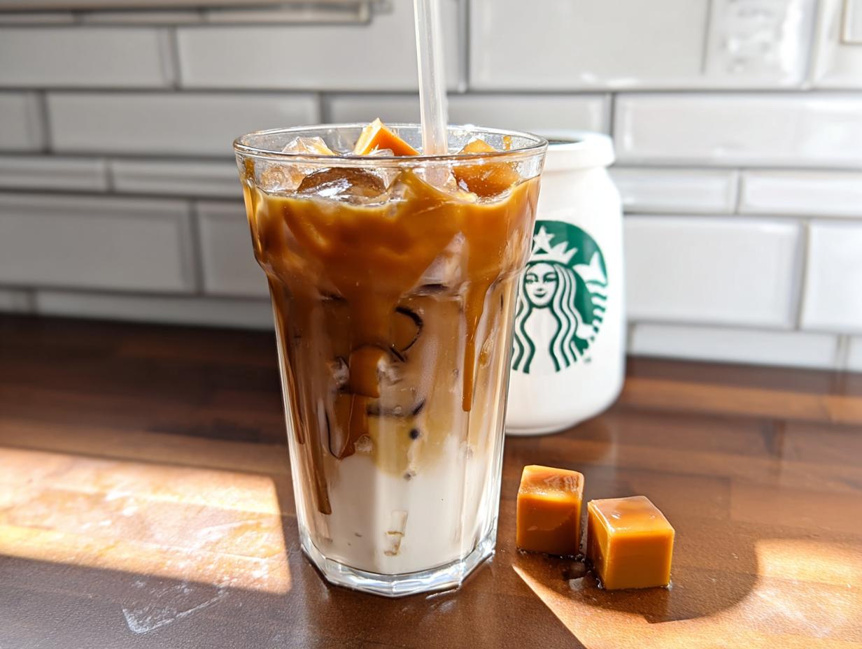A tall glass of layered Café-Style Iced Caramel Macchiato (Copycat) with ice and caramel drizzle, next to two caramel squares.
