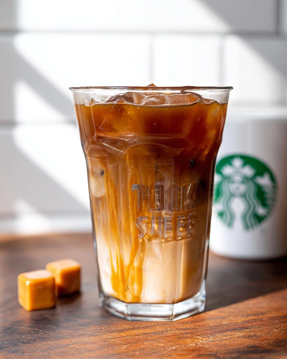 Close-up of a layered Café-Style Iced Caramel Macchiato with ice, caramel drizzle, and milk.