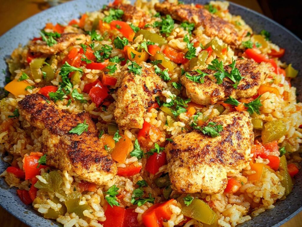 Close-up of a Cajun Chicken Skillet dish with seasoned chicken pieces, rice, and colorful bell peppers, garnished with parsley.