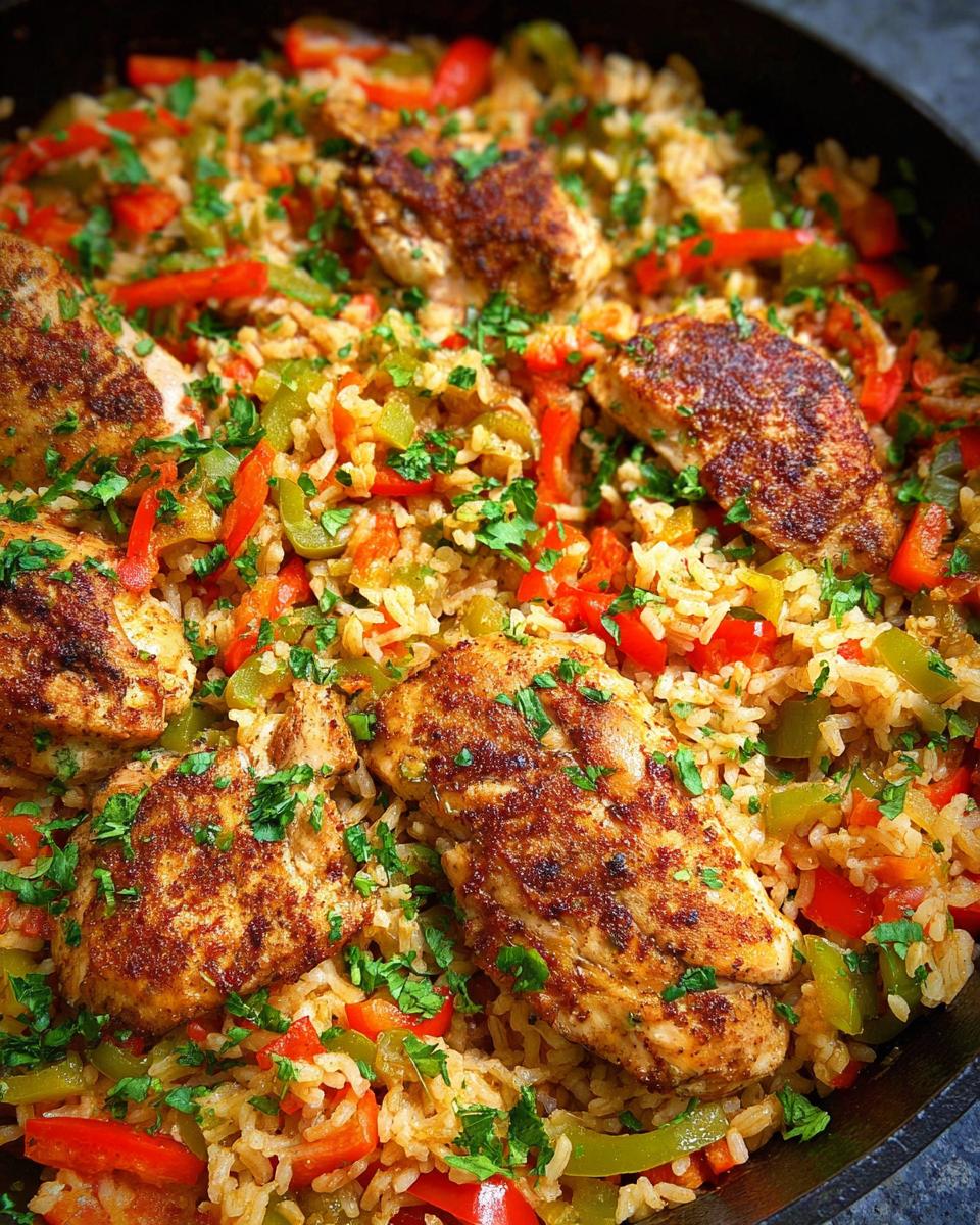 Close-up of a Cajun Chicken Skillet dish with seasoned chicken pieces, rice, red and green bell peppers, and chopped parsley.