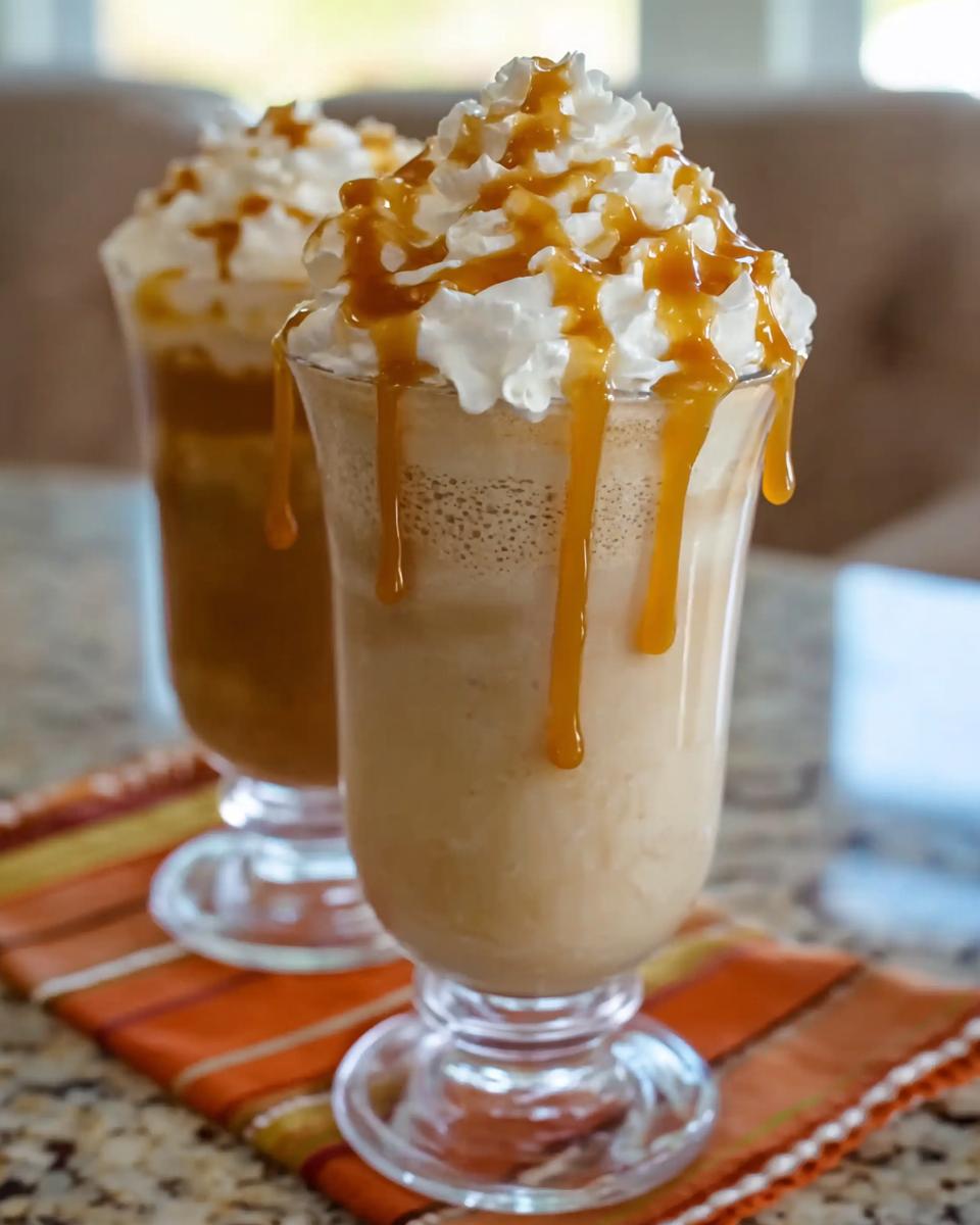 Two delicious Caramel Frappuccino copycat drinks topped with whipped cream and caramel drizzle.