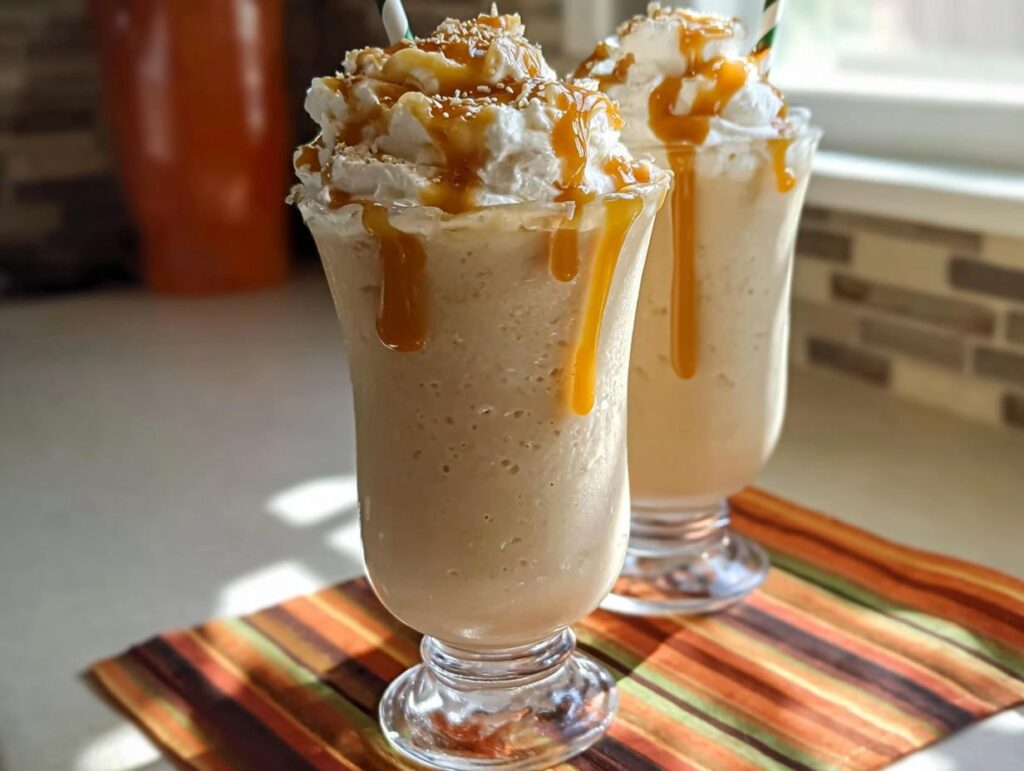 Two delicious Caramel Frappuccino Copycat drinks topped with whipped cream, caramel drizzle, and sprinkles.