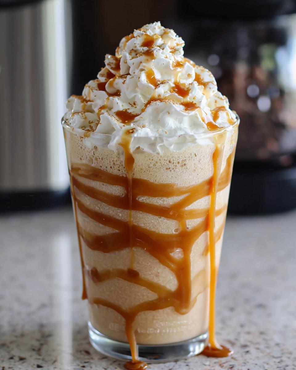 A tall glass filled with a blended Caramel Frappuccino (Copycat) topped with whipped cream and drizzled heavily with caramel sauce.