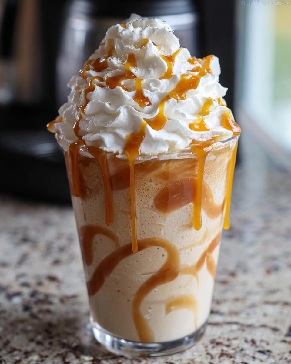 A tall glass filled with a blended Caramel Frappuccino (Copycat) topped with whipped cream and drizzled with caramel sauce.
