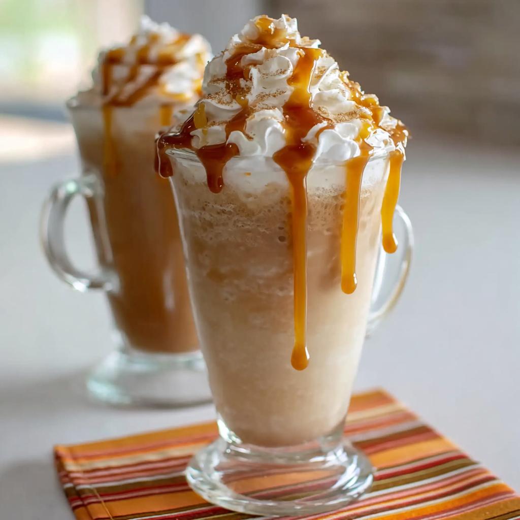 A delicious Caramel Frappuccino Copycat topped with whipped cream, caramel drizzle, and cinnamon.