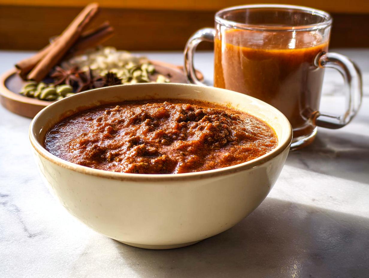 A bowl of thick chai tea concentrate with spices like cinnamon sticks, cardamom, and star anise in the background.