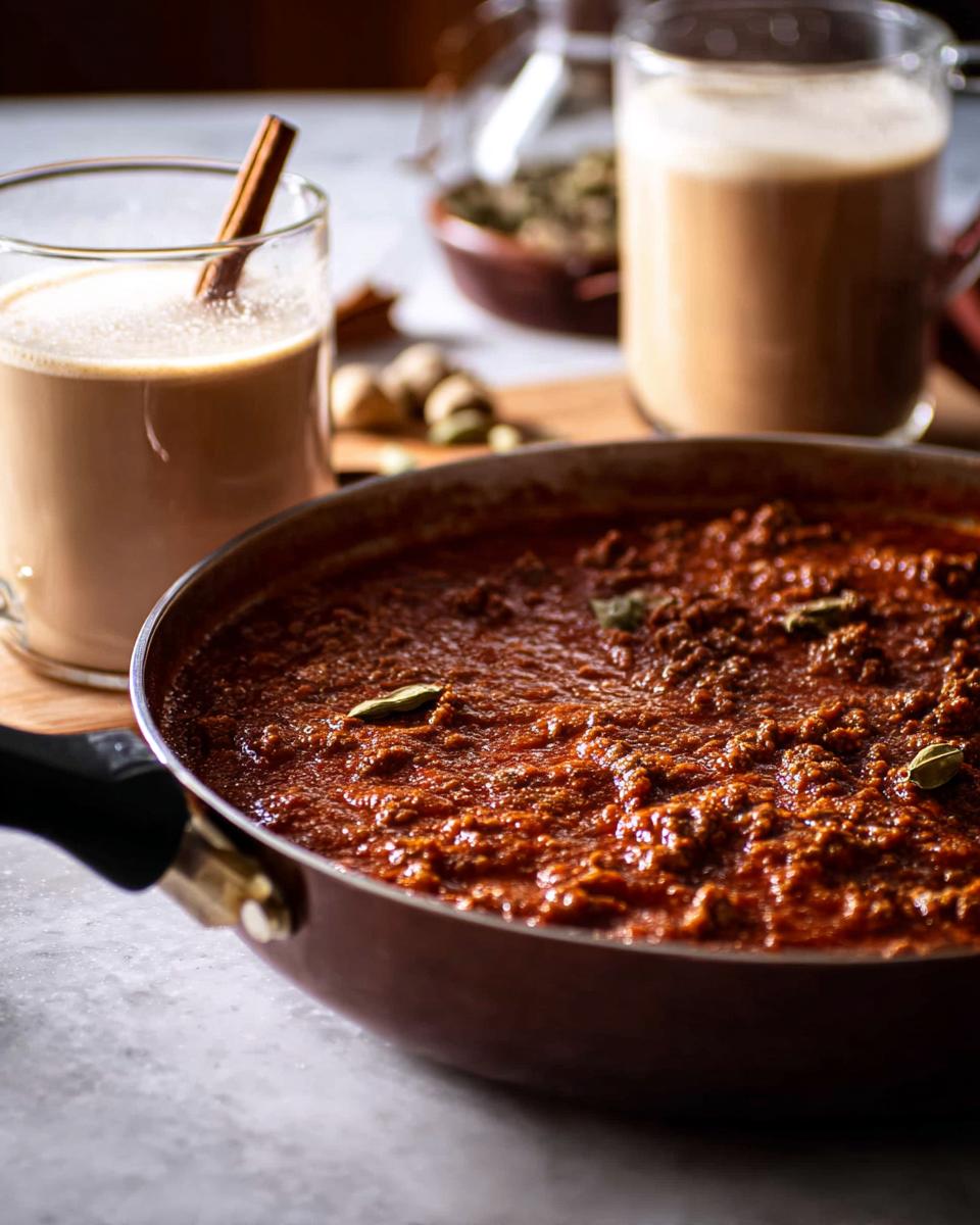A close-up shot of ingredients for a Chai Tea Latte Recipe, including a glass of chai tea, spices like cardamom and cinnamon, and a pan of what appears to be a chai concentrate.