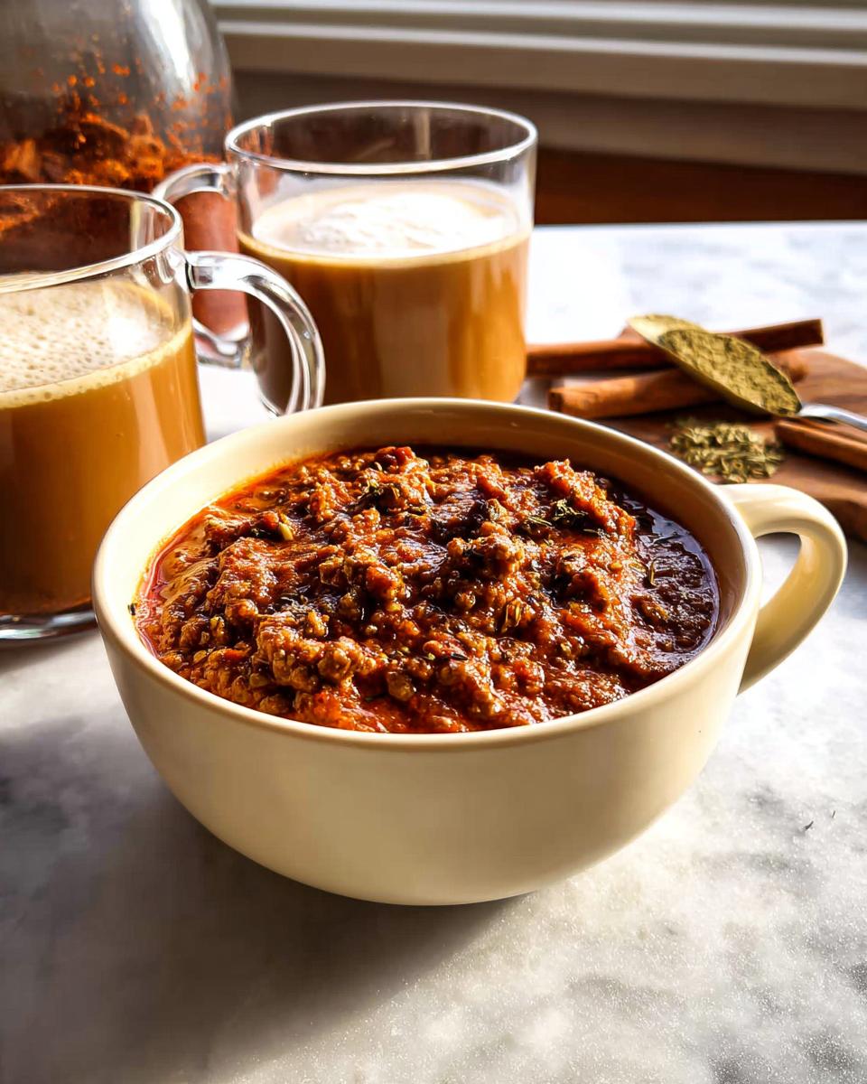 Two glasses of creamy Chai Tea Latte with foam, next to a bowl of spices and cinnamon sticks.