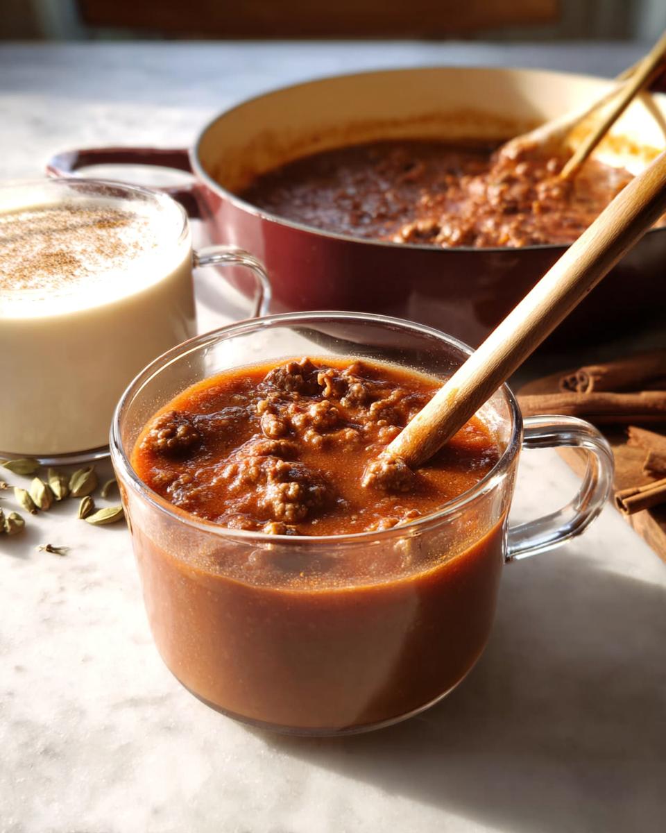 A close-up of a homemade Chai Tea Latte recipe, featuring a mug of the spiced tea and a pot of the mixture in the background.
