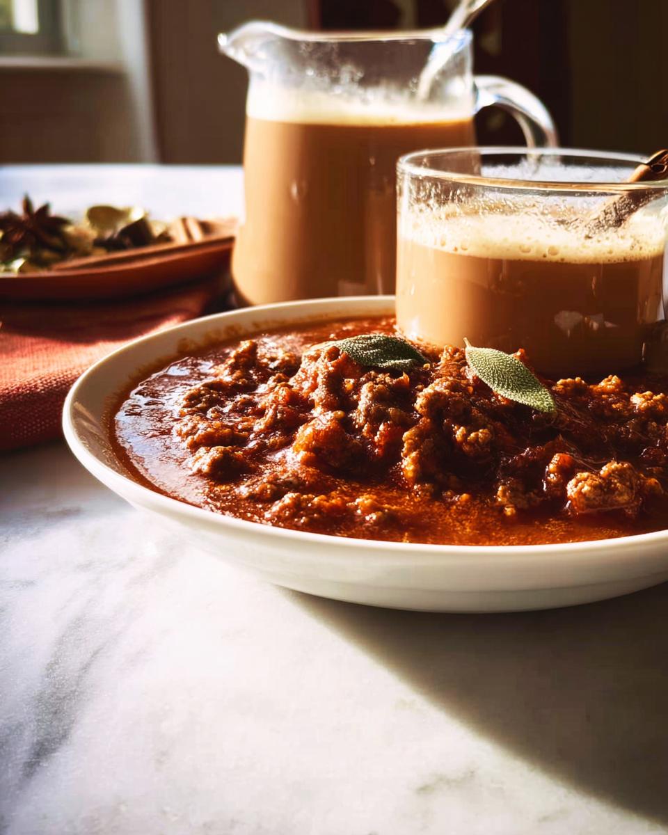 A glass and pitcher filled with a creamy Chai Tea Latte, with spices like star anise and cinnamon in the background.