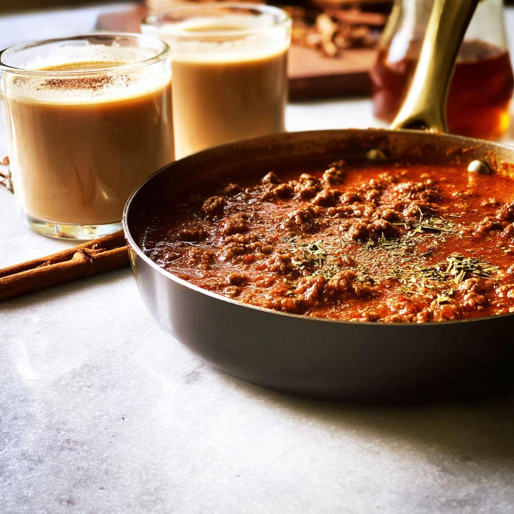 Two glasses of creamy Chai Tea Latte with cinnamon sticks and a pan of simmering sauce in the foreground.