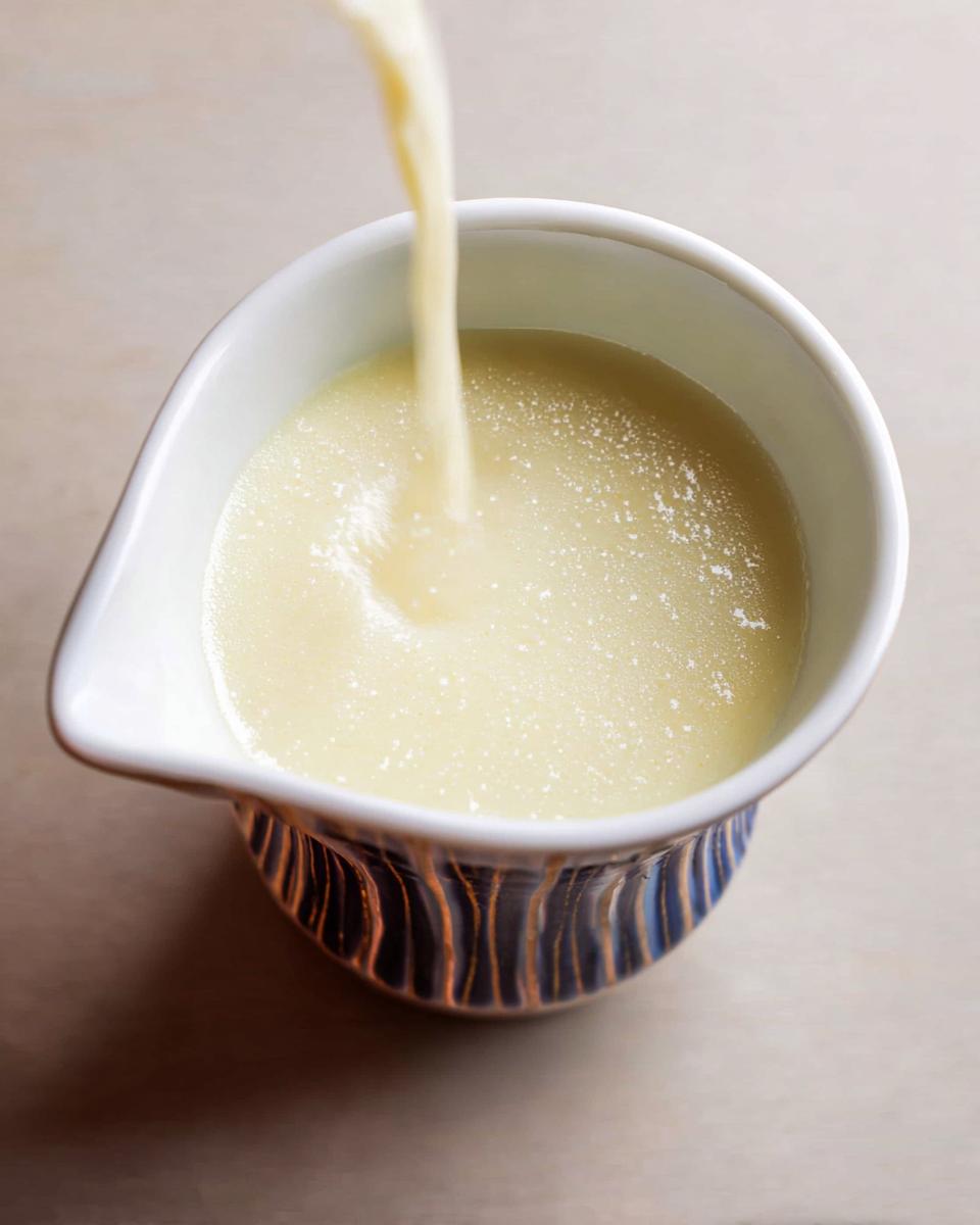 A stream of pale yellow Champagne Cream Sauce for Seafood being poured into a small, decorative white and blue ceramic gravy boat.