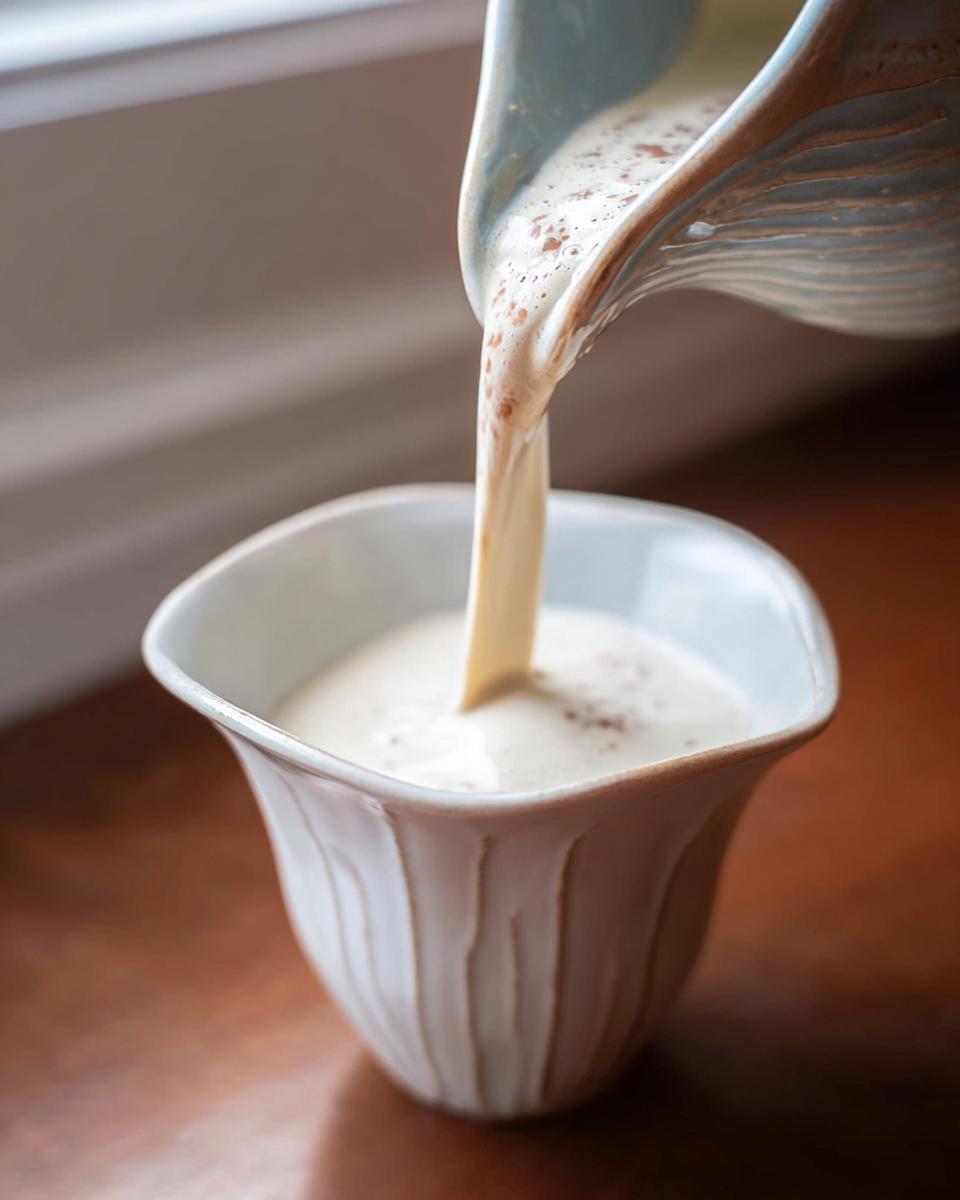 Close-up of Champagne Cream Sauce for Seafood being poured from a ceramic pitcher into a small white bowl.