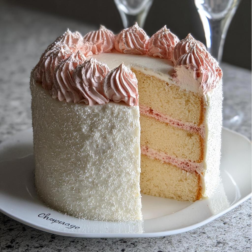 A slice removed from a tall Champagne Layer Cake with white buttercream, pink filling, and pink piped frosting.