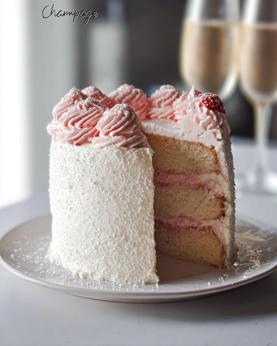 A slice removed from a tall Champagne Layer Cake with Buttercream, showing pale yellow layers and pink filling, topped with pink rosettes.
