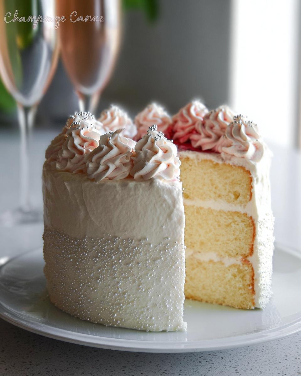 A slice removed from a Champagne Layer Cake with Buttercream, showing three layers of light cake and frosting, decorated with silver sprinkles.