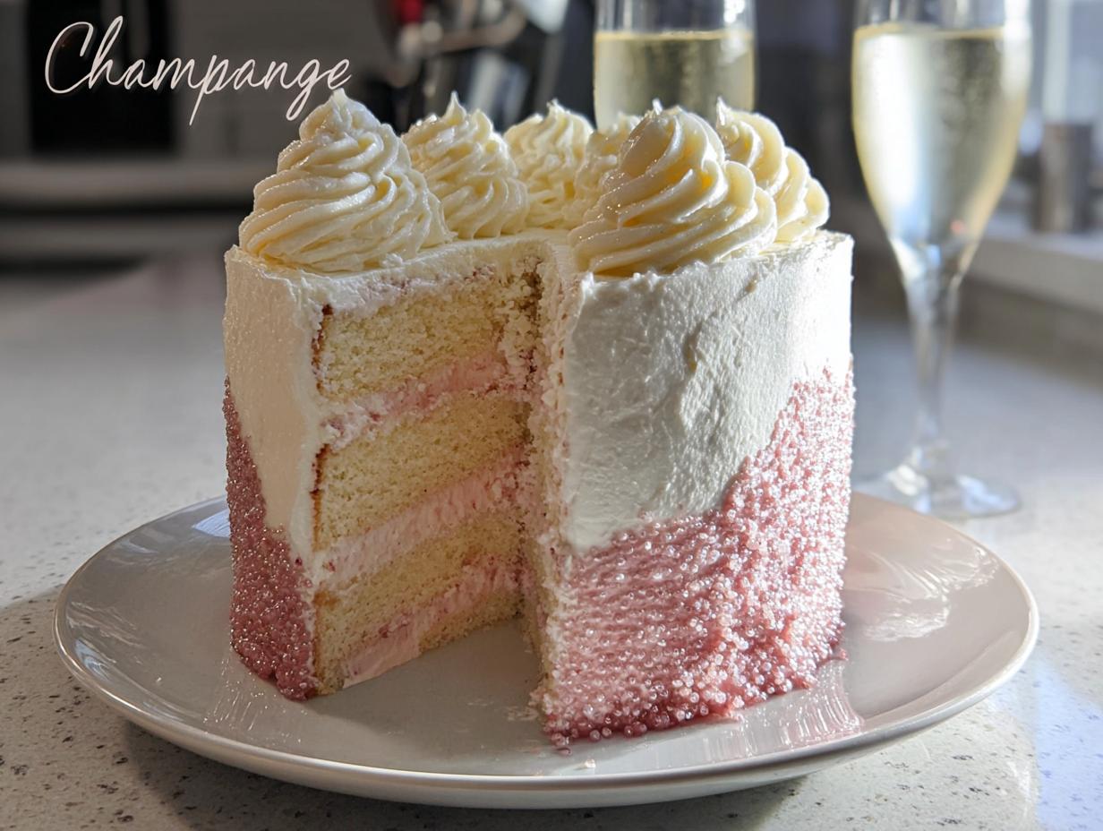 A slice cut from a Champagne Layer Cake with Buttercream, showing three layers of cake and pink filling, decorated with white frosting and pink sprinkles.