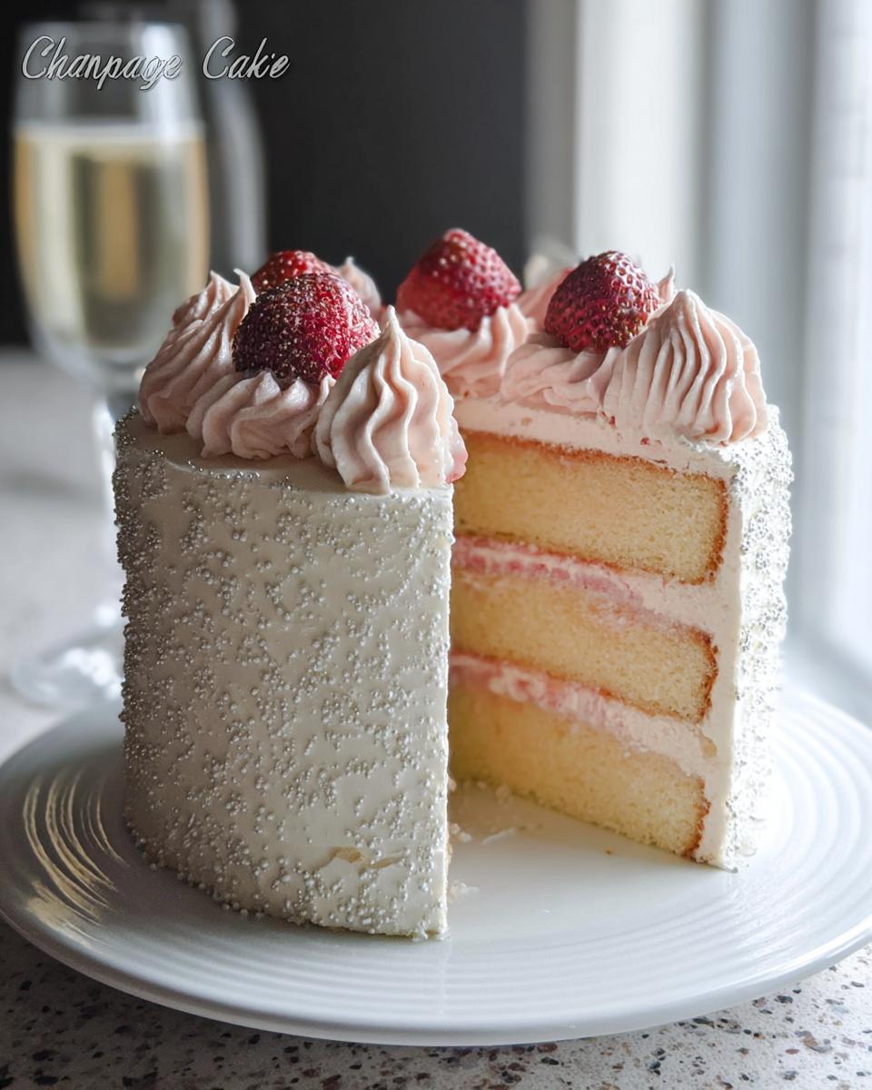 A slice cut from a beautiful Champagne Layer Cake with white buttercream, pink filling, and strawberry topping.