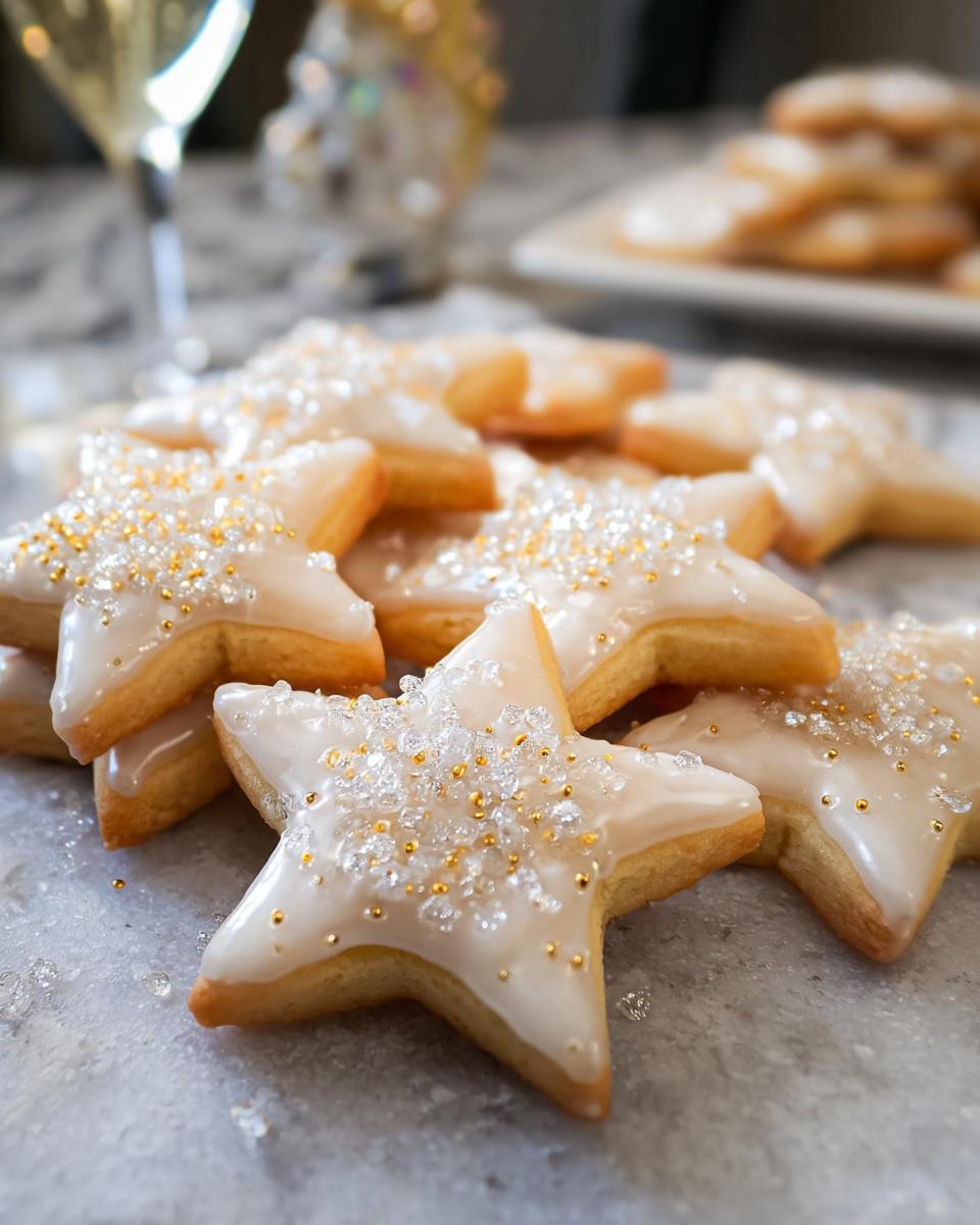 Close-up of star-shaped Champagne Sugar Cookies topped with white glaze and gold/clear sprinkles.