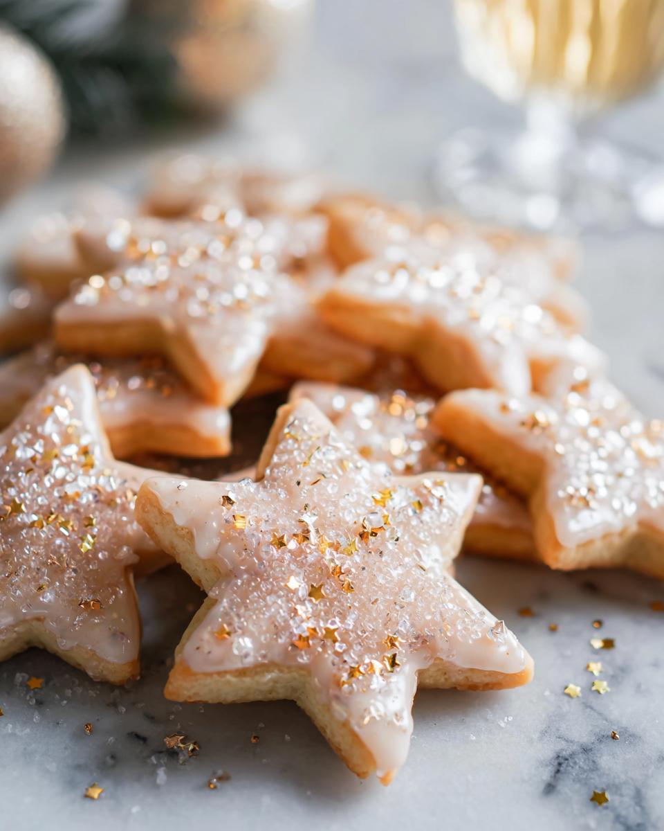 Close-up of star-shaped Champagne Sugar Cookies topped with white glaze and gold edible glitter.